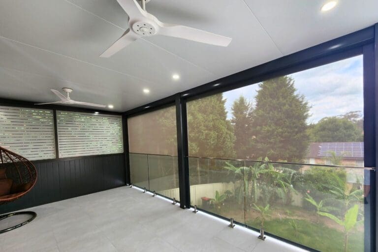 Balcony conversion with outdoor e-blinds, designed & built by Pergola Land